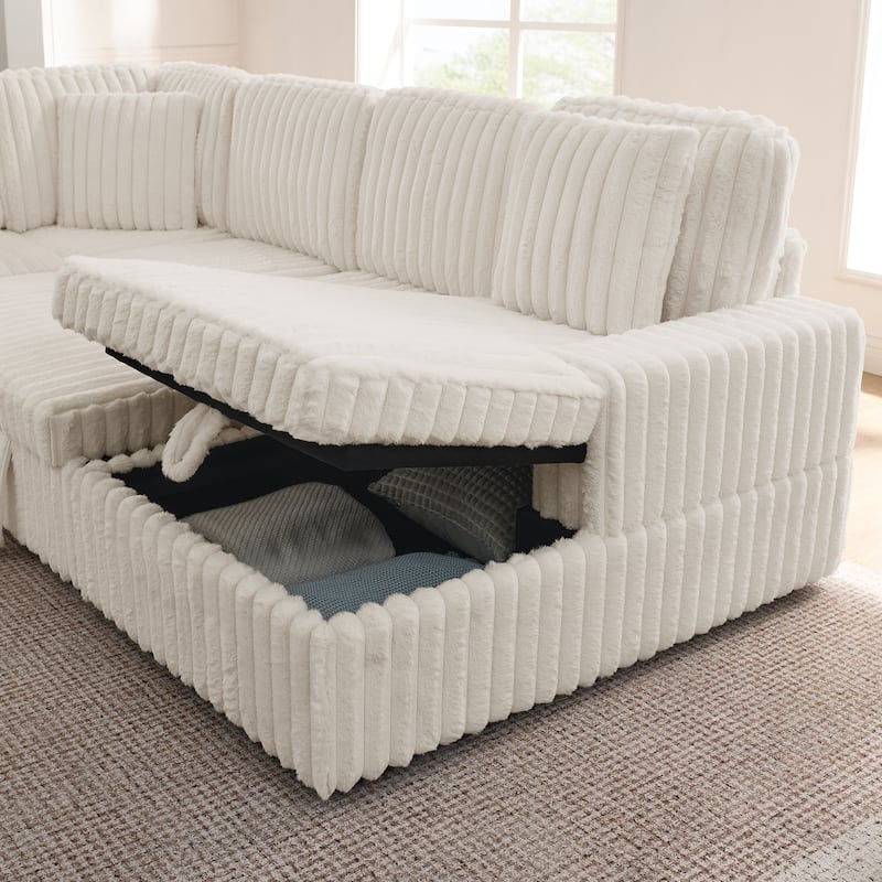 Corduroy Upholstered Reclining Sofa U-shaped Sleeper Sectional Couch with Pull Out Bed, Storage Chaise and Adjustable Backrests