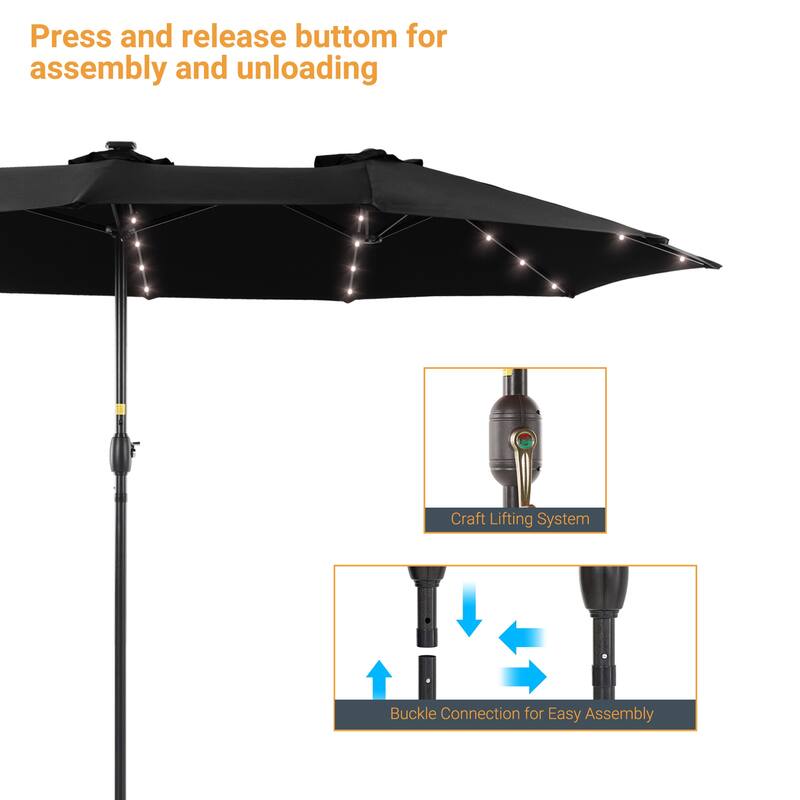 Livoosun 15×9FT LED Double-sided Patio Umbrella with BASE UPF50+ and Handle, and Wind-Resistant Design