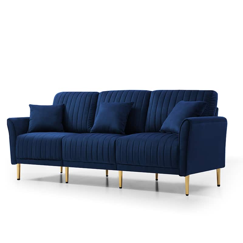 3-Seat Sofa Velvet Upholstered Living Room Tufted Back Couch Sofa with Reversible Cushions and Metal Legs, Includes Pillows
