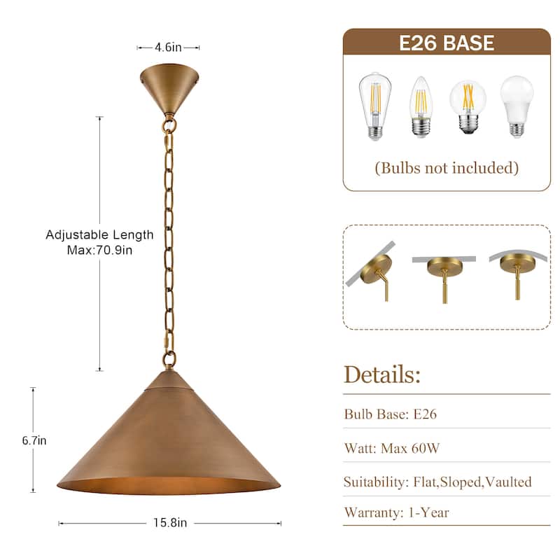 1-Light Gold Cone Pendant Light 15.8inch Metal Hanging Lighting