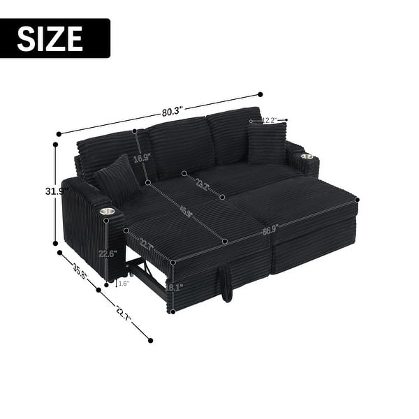 dimension image slide 1 of 6, 80.3" L Shaped Couch with Pull Out Bed Corduroy Sleeper Sofa Bed Convertible Sectional Couches with Cup Holder for Living Room