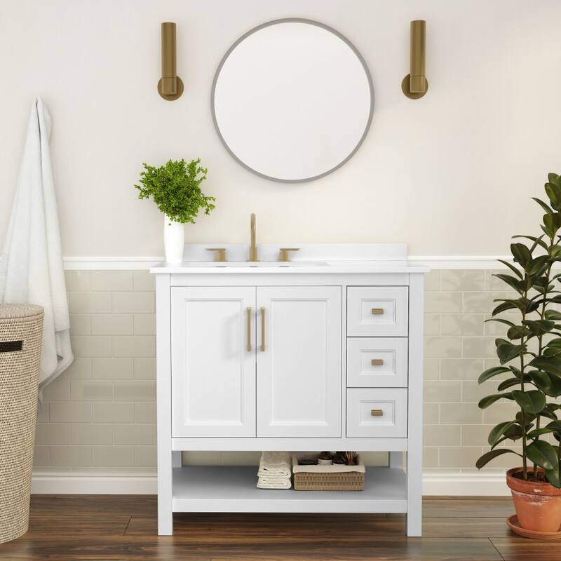 Bathroom Vanity with Sink, Open Storage, and Storage Drawers - 36 Inch - White Frame/Gold Hardware