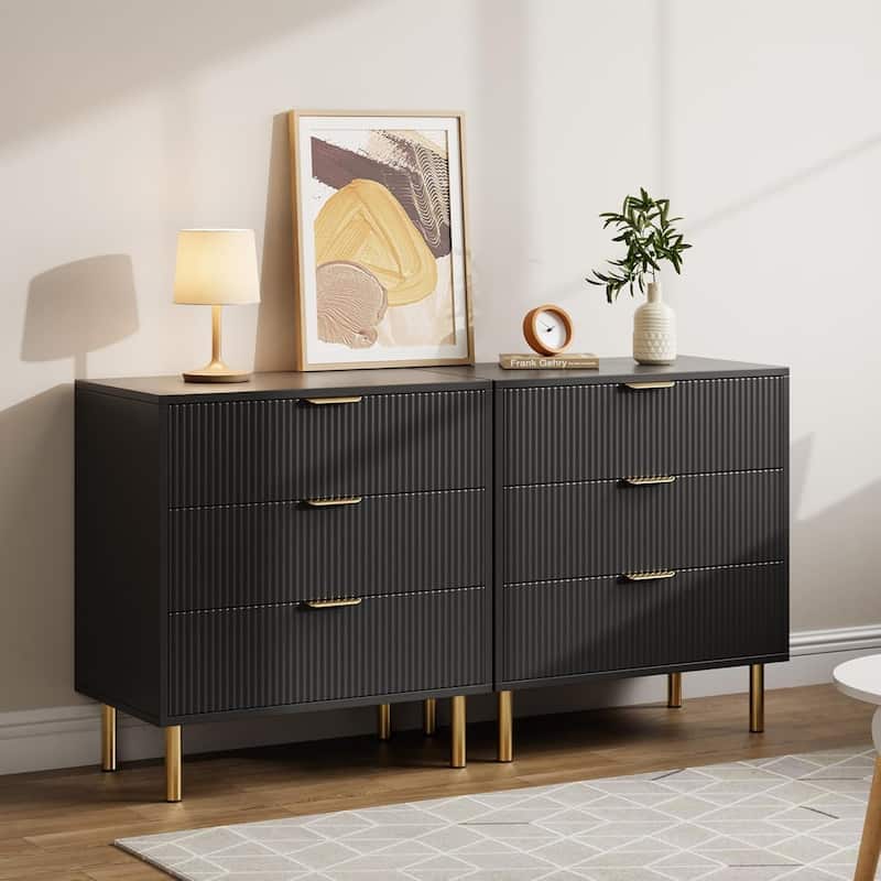 Modern 3 Drawer Dresser for Bedroom, Wood Chest with Gold Handle and Large Drawers for Living Room, Hallway, Entryway