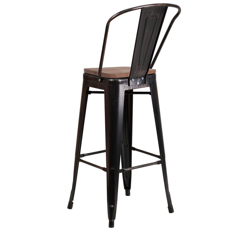 30" High Metal Barstool with Back and Wood Seat - 17.75"W x 20"D x 45.25"H