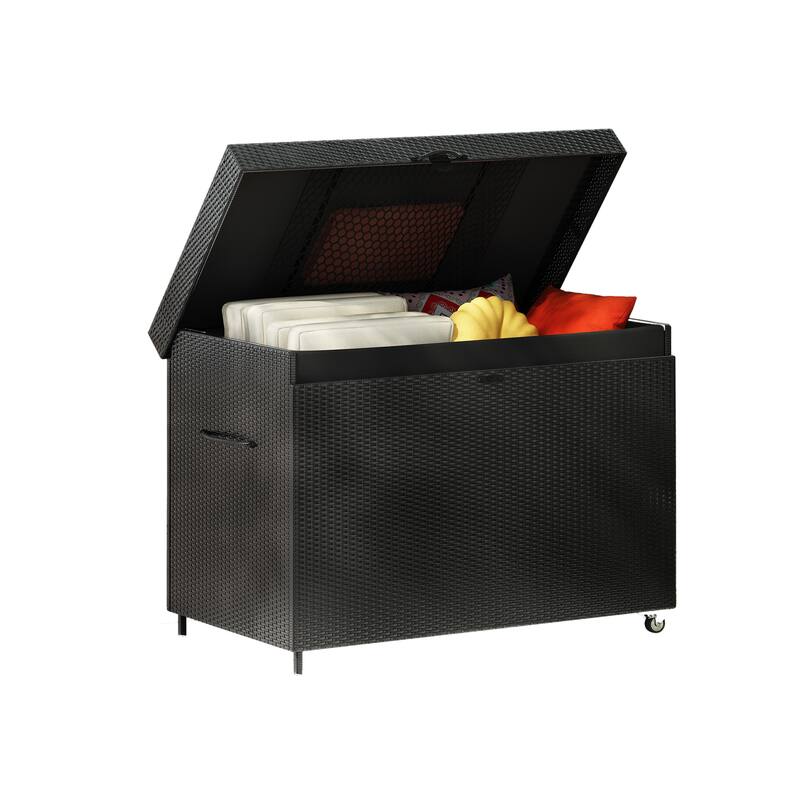 Grey Heavy Duty Wicker Storage Deck Box with 4 Wheels, Lockable Lid and Bench for Patio Poolside and Garage​