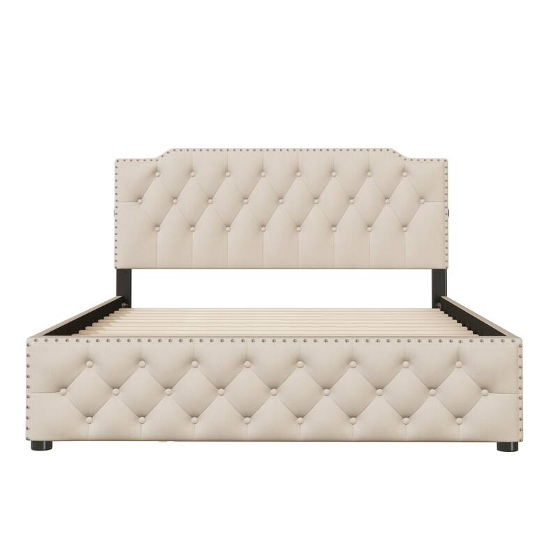 Queen Upholstered Platform Bed with Twin Trundle and USB Ports, Linen Fabric, Button-Tufted Design