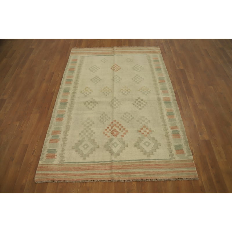 Hand Woven Oriental 100% Wool Carpet Southwestern Tribal Beige & Ivories Kilim Area Rug - 6' 0'' X 4' 1''