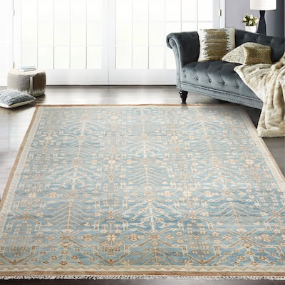 Hand Knotted Oushak Aqua Oriental Wool Transitional Oriental Area Rug