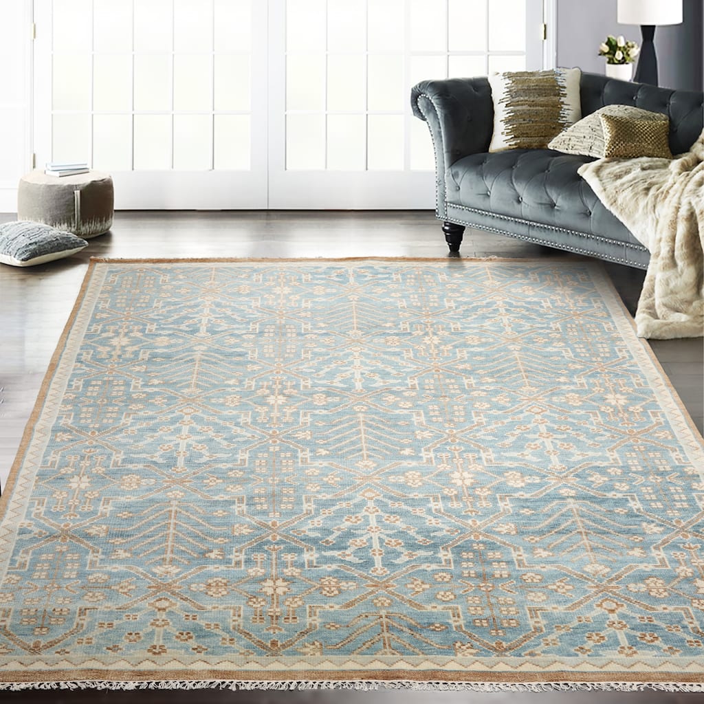 Hand Knotted Transitional Oushak Aqua Wool Oriental Area Rug