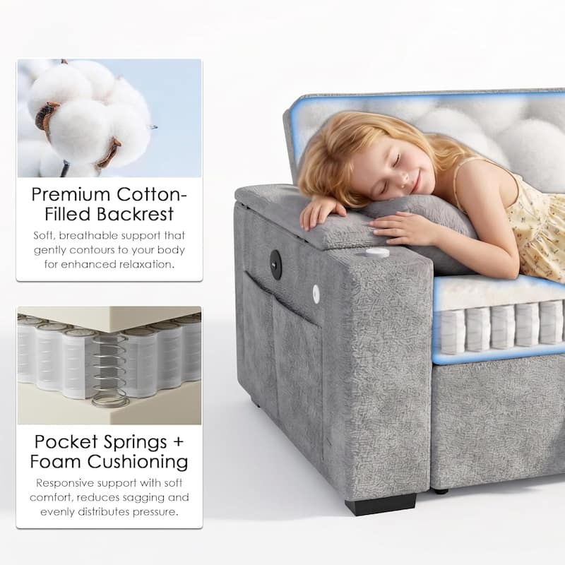 68" Chenille Fabric Sleeper Sofa Bed,Pull Out Couch with 360 Degree Swivel Side Table,USB Port,Cup Holder,Armrest Storage
