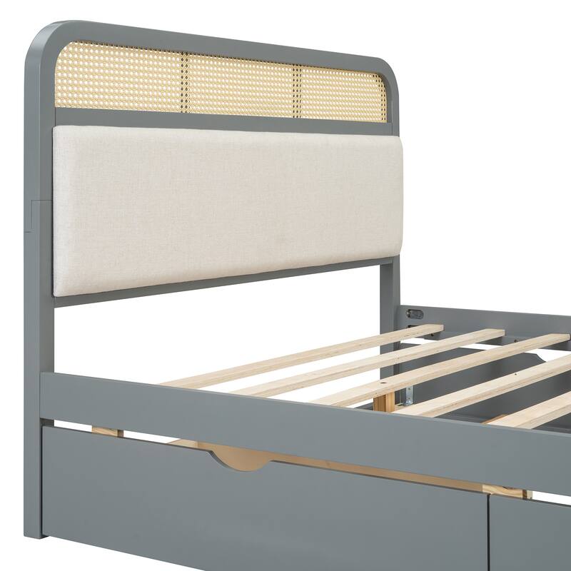 Modern Queen Size Wooden Platform Bed with Trundle and 2 Drawers for Bedroom