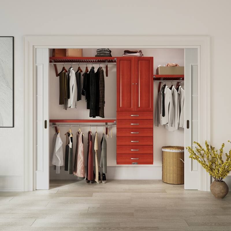 John Louis Home 1Solid Wood Reach-In Closet System with 6-Drawers and Raised Panel Doors Red Mahogany