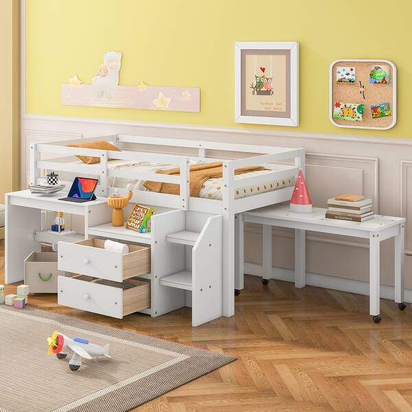 slide 2 of 14, White Twin Wooden Loft Bed with Movable Desk, Drawers, and Guardrail White