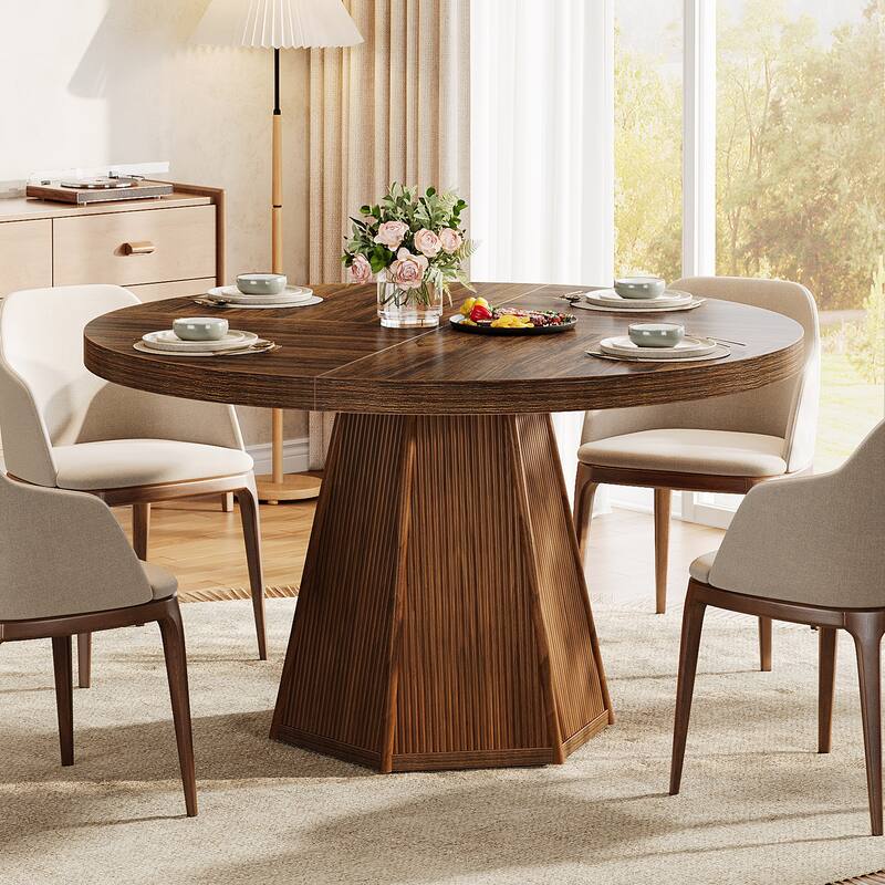 47" Industrial Wooden Round Dining Table with Pedestal for 4 - Brown