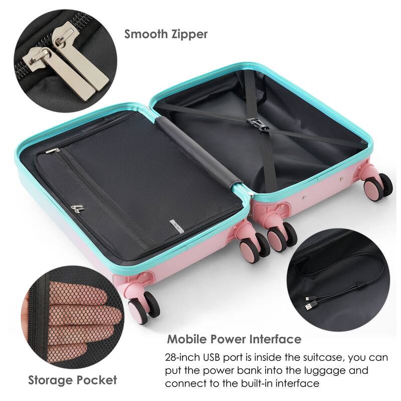 3-Piece Luggage Set with USB Port, Front Opening 20", 24", 28" Suitcases, Airline Approved, Spinner Wheels, ABS+PC Hard Shell