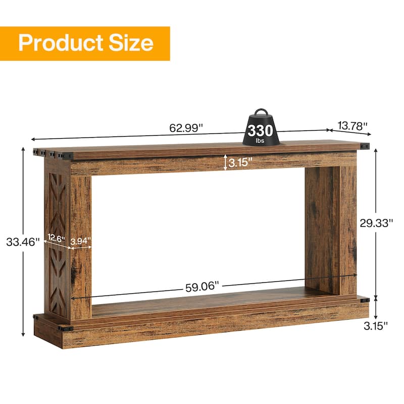 63 Inches Rustic Sofa Table with Storage for Entryway - 63" W x 13.7" D x 33.4" H