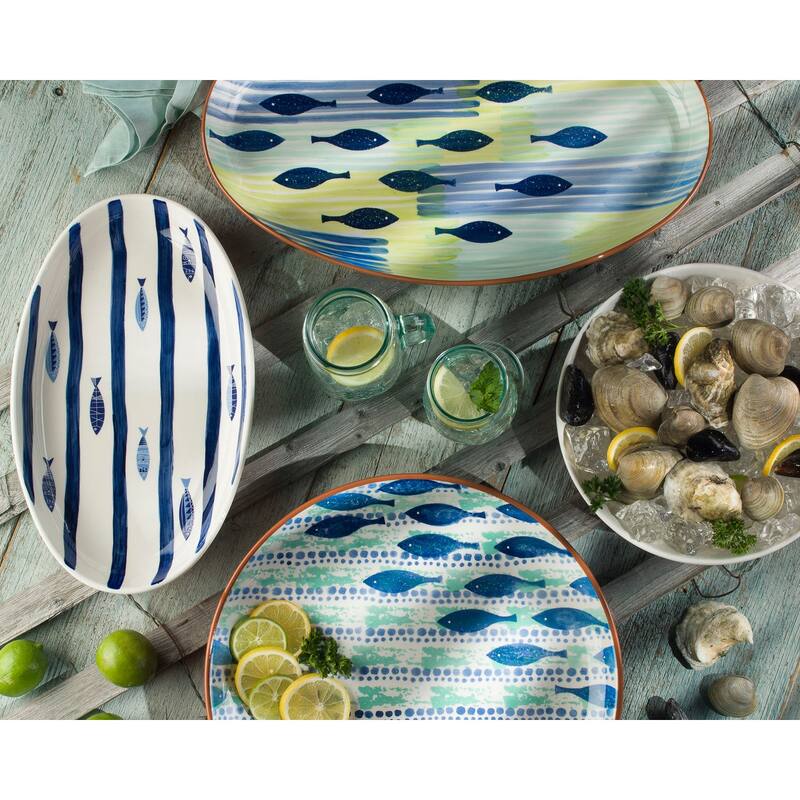 Euro Ceramica Mediterranean Sea Fish 15'' Oval Serving Bowl