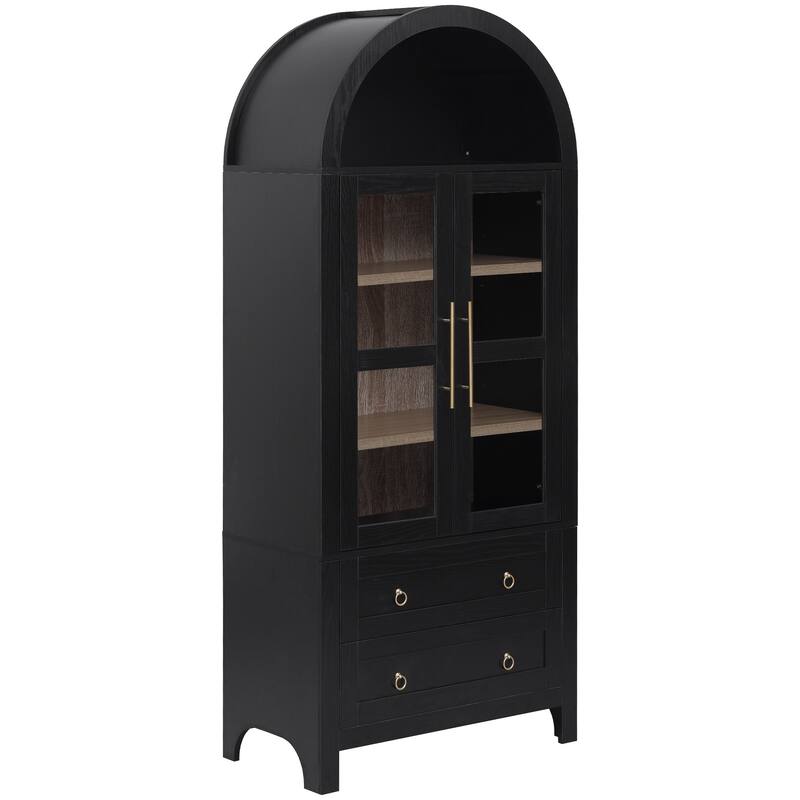 Anmytek 71" Arched Tall Pantry Cabinet, Glass Doors & 2 Drawers, Modern Farmhouse Storage Cupboard, Black