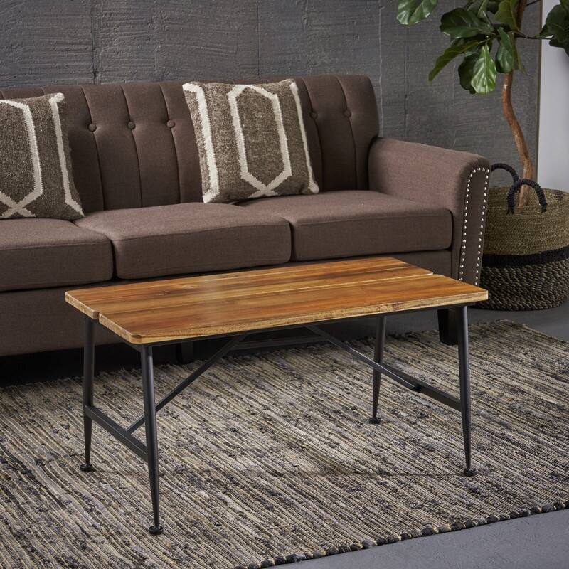 Rectangle Outdoor Coffee Table with Angled Tubular Legs and Wood Top, Black