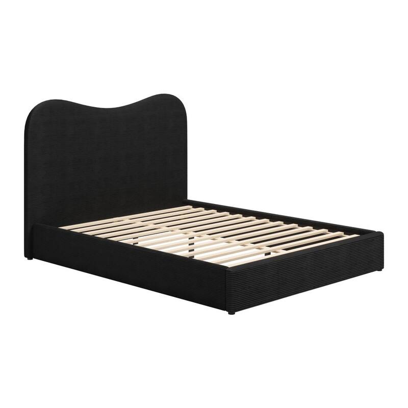 HomeRoots Black Ribbed Texture Velvet Upholstered Queen Bed Frame