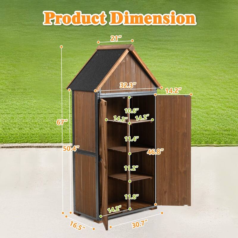 Outdoor Wood Storage Shed with Shelves, Metal Frame Outdoor Storage Cabinet with Waterproof, Horizontal Garden Tool Shed Storage