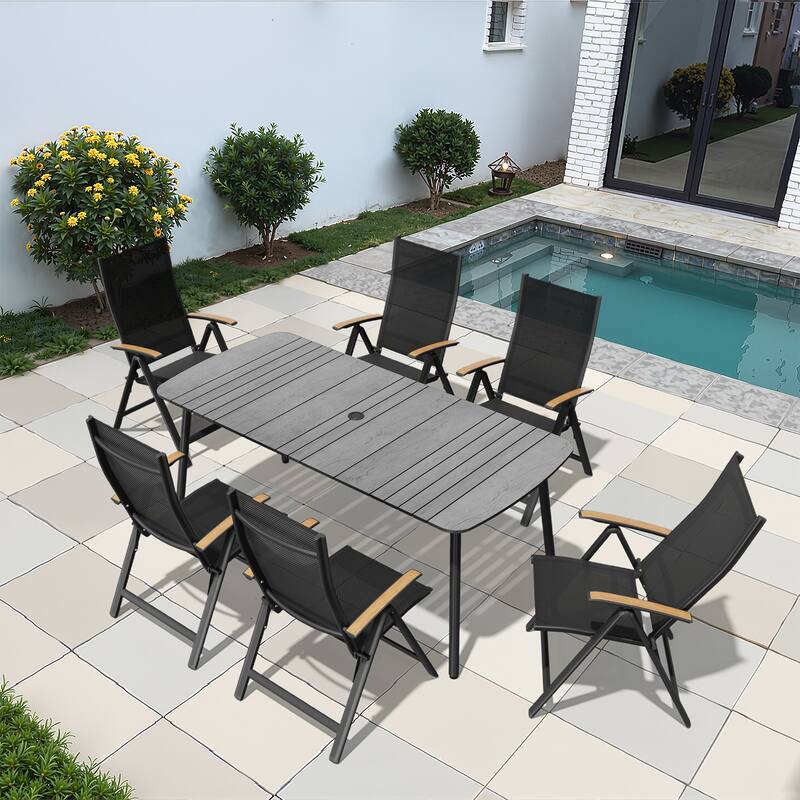 7/9PC Patio Dining Table Rectangular Aluminum Outdoor Table with Folding Chairs - 70.9in-GreyTable-7PC