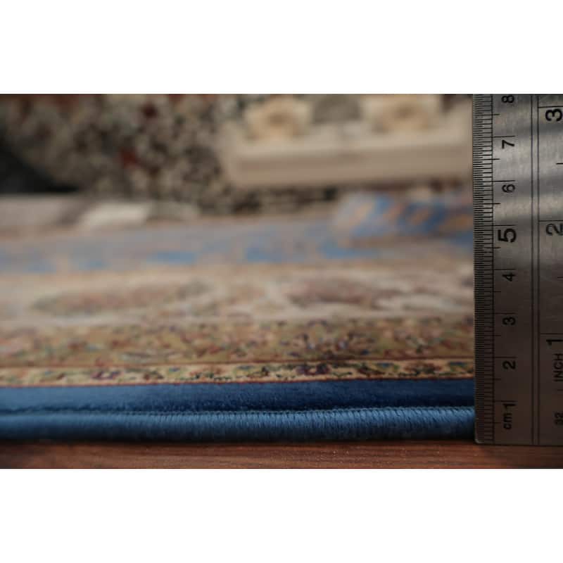 Machine Made Oriental 90% Silk - 10% Polyester Carpet Traditional Floral Navy Blue & Blues Qum Area Rug - 9' 10'' X 6' 7''