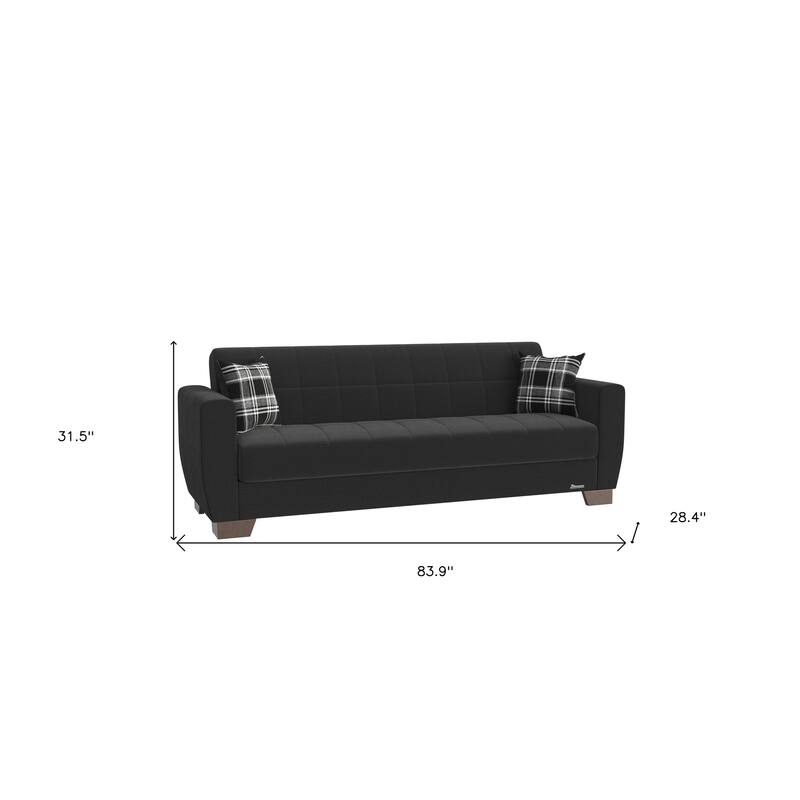 HomeRoots 84" Black Chenille Convertible Futon Sleeper Sofa And Toss Pillows With Storage