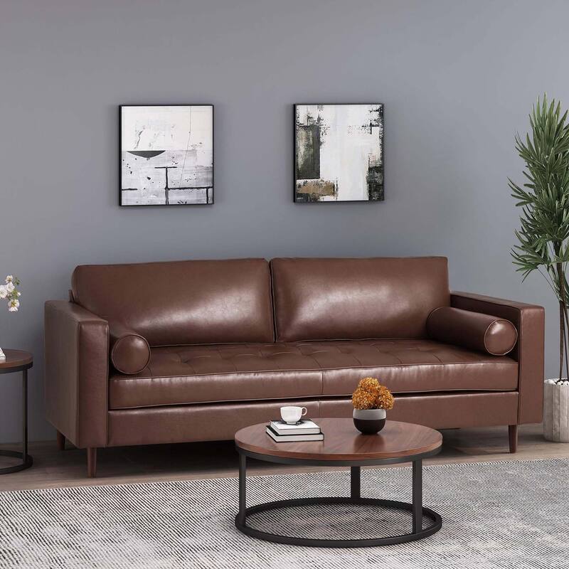 85'' Wide Standard PU Leather Sofa with Birch Legs and Throw Pillows