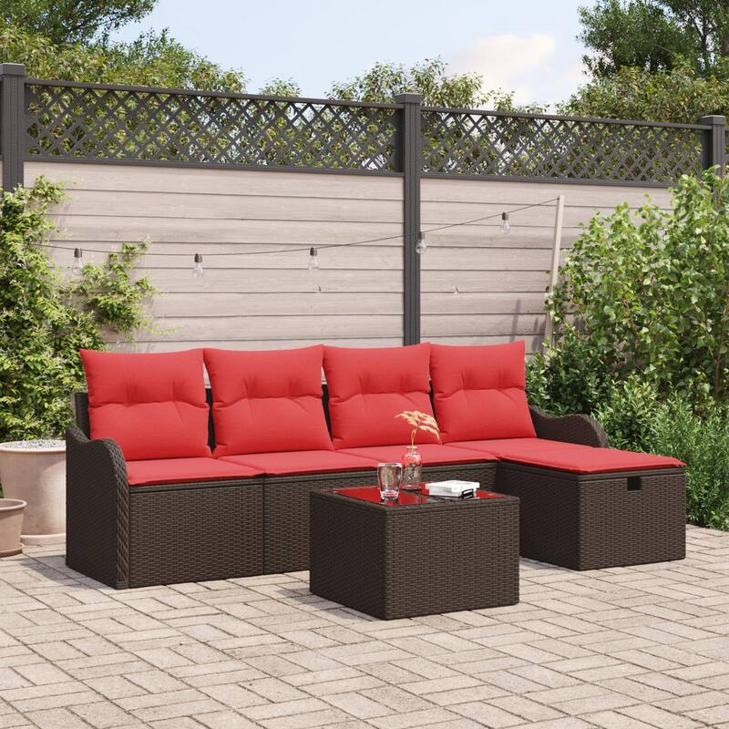 vidaXL 5/6 Piece Garden Sofa Set with Cushions - 90.9×46.1×27.2 - Brown and Red-with table
