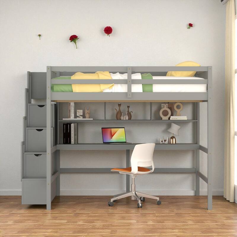 Full Size Wooden Loft Bed with Desk, Storage Shelves, and Staircase, Solid Pine Frame with Guardrails - Grey - Full