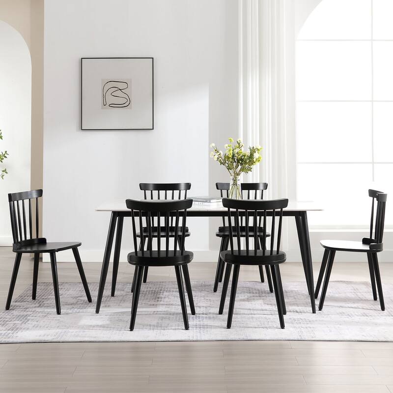 Solid Wood Spindle Back Windsor Dining Chairs Set of 2 - 33.3"H x 17.72"W x 19.7"D - Set of 6 - Black