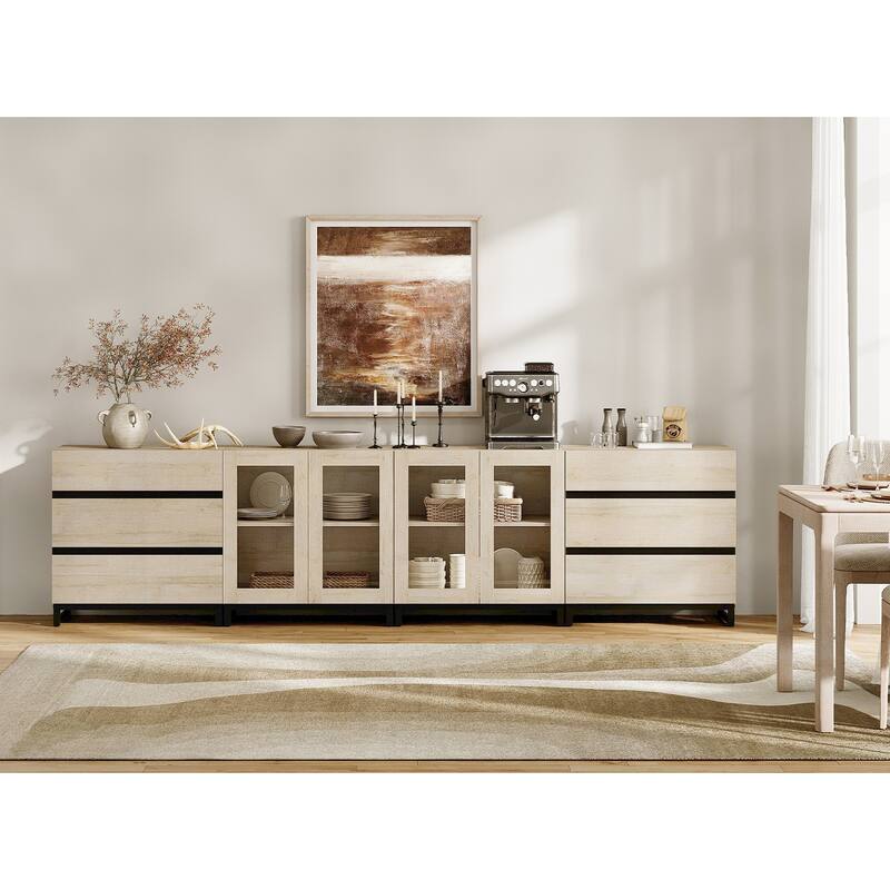 4 in 1 Storage Cabinet with 6 Drawers & Glass Doors, Modern Sideboard Credenza with Adjustable Shelves, Coffee Bar for Kitchen