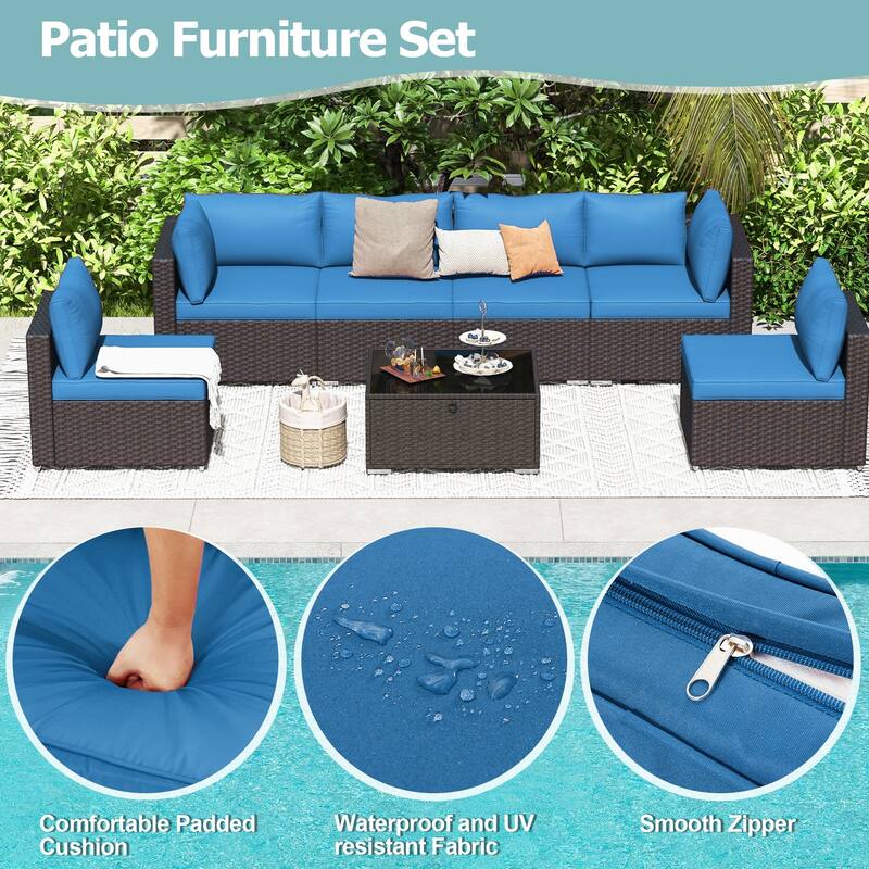 EROMMY 6/7 Piece Modular Outdoor Rattan Sofa Set, All-Weather Wicker Patio Furniture with Storage Table, Cushions & Pillows