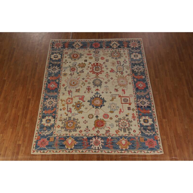 Hand Knotted Oriental 100% Wool Carpet Transitional All-Over Beige & Ivories Oushak Area Rug - 9' 9'' X 8' 1''