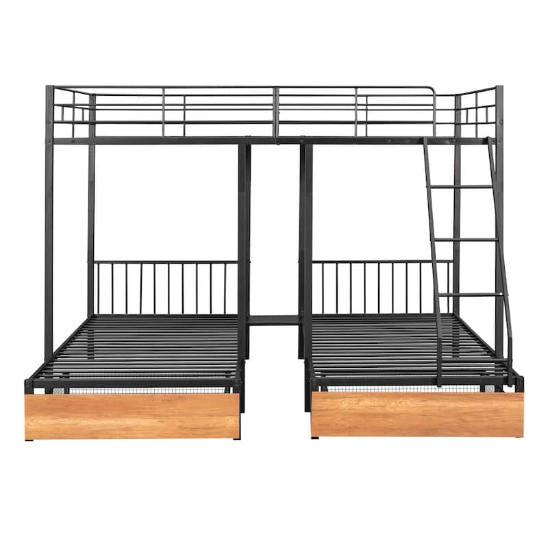 Full Over Twin & Twin Bunk Bed, Metal Triple Bunk Bed with Drawers and Guardrails