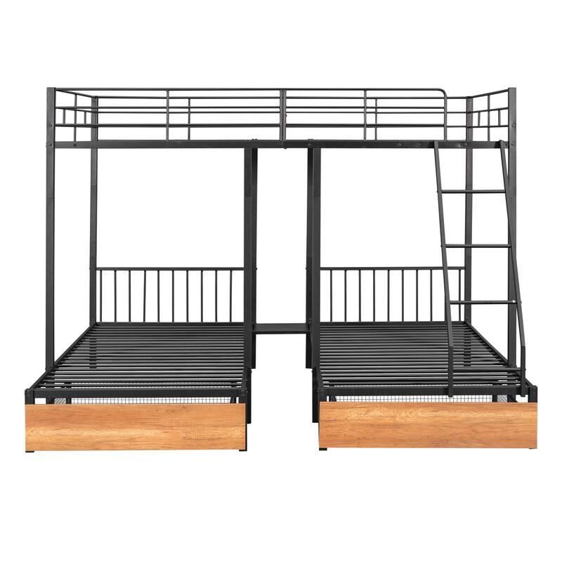 Full Over Twin & Twin Triple Bunk Bed with Drawers and Middle Table, Convertible Metal Bunk Bed Frame with Ladder and Guardrails