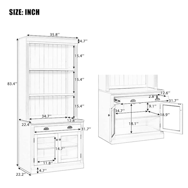 83.4" Modern Bookshelf Suite with LED Lights, Glass Doors, Drawers & Open Shelves, 2-Piece Storage Bookcase Set for Home Office