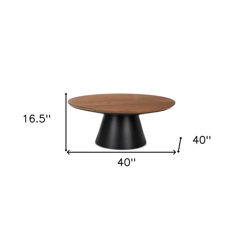 HomeRoots 40" Brown and Black Solid Wood and Iron Round Pedestal Coffee Table - 40' X '16.5' X '40