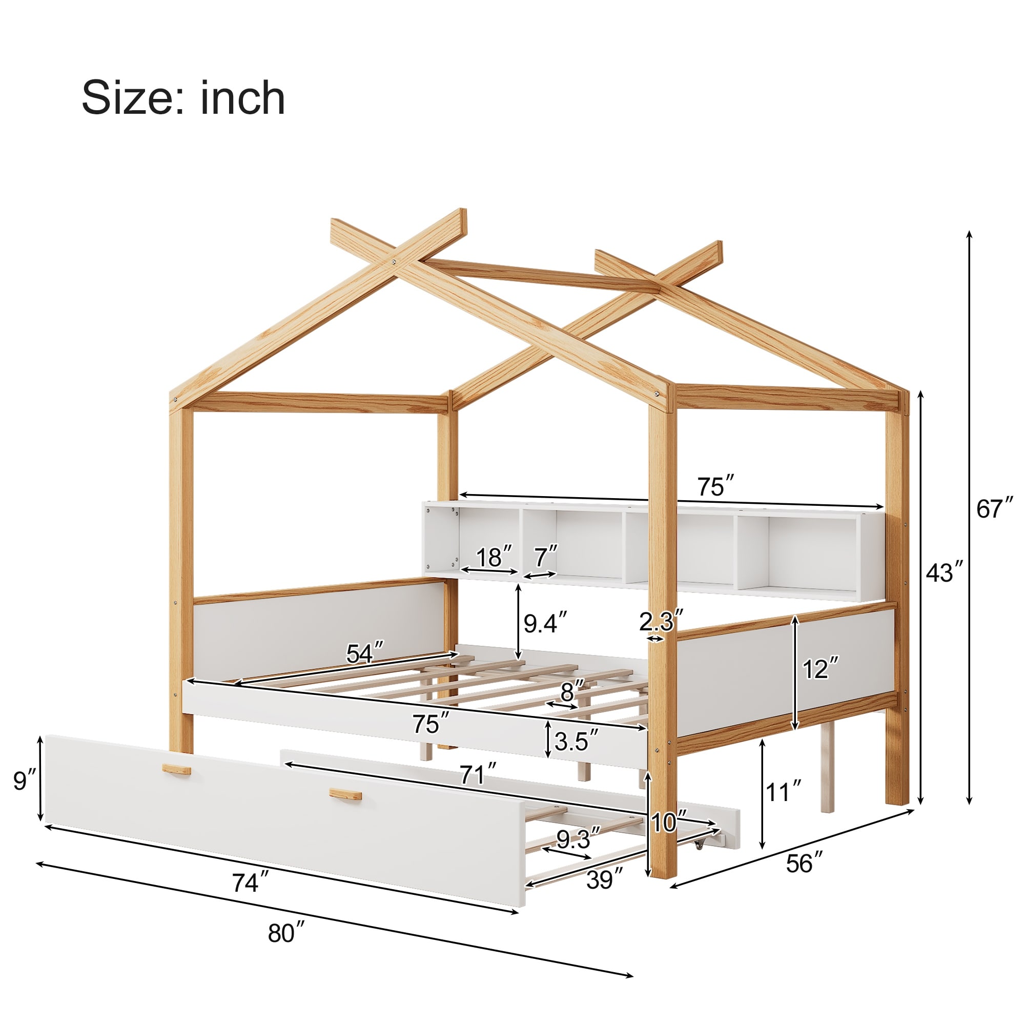 Kids Wooden House Bed with Bookshelf & Trundle