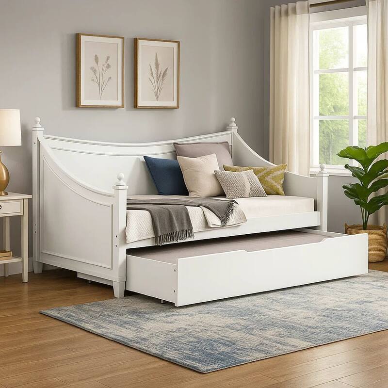 Kiki Twin Size Daybed w Trundle, Molded Details White Solid Wood
