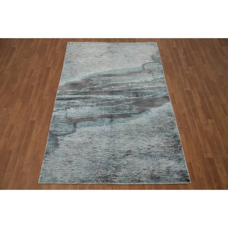 Hand Knotted Oriental Viscose Silk Carpet Modern Pictorial Green Abstract Area Rug - 7' 11'' X 5' 0''