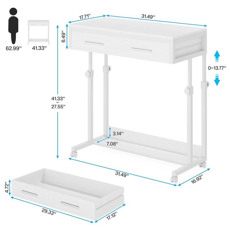 Portable Mobile Laptop Desk with Drawers, Rolling Standing Sofa Side Table for Home Office