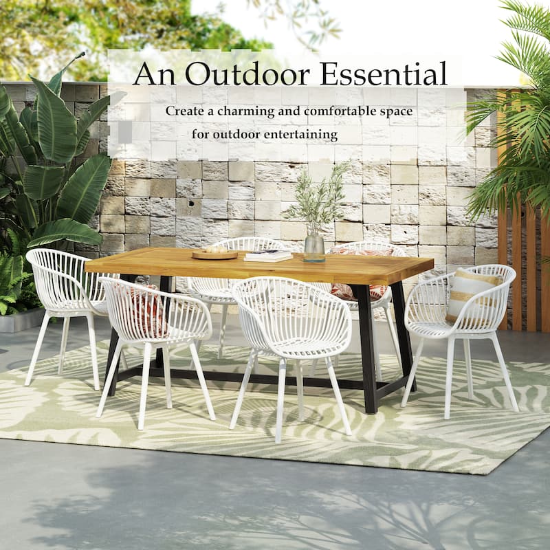Patricia Outdoor 7-Piece Dining Sets Acacia Wood Table with Polypropylene Accent Chairs by Christopher Knight Home - White