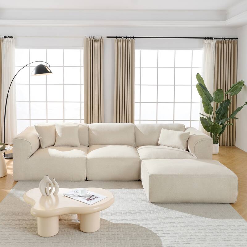 4-Seater Velvet Sectional Couch with Sponge Seat Cushions and Detachable Footstool, Deep Seat Couches with 3 Throw Pillows