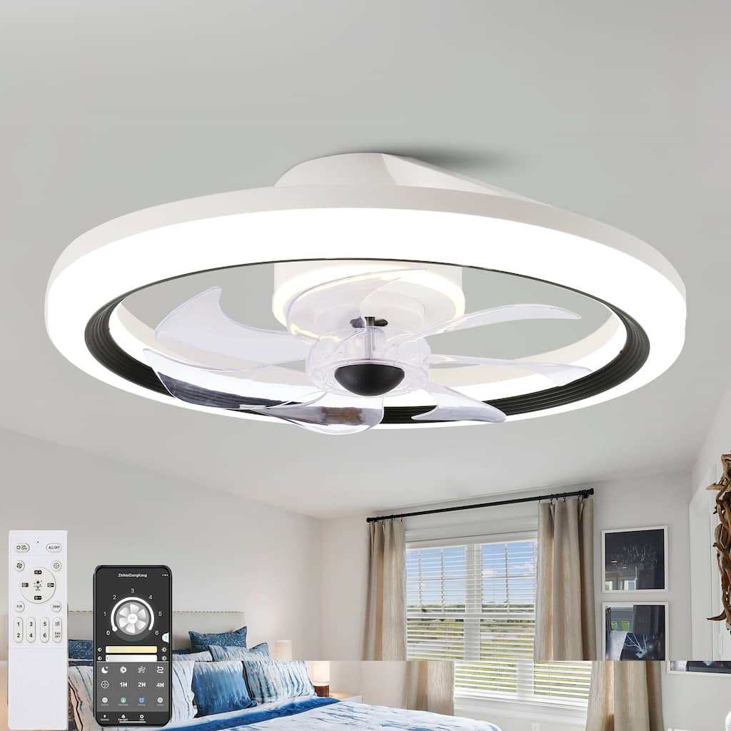 20" White Flush Mount Ceiling Fan with Dimmable Light, 6-Speed Low Profile Reversible Ceiling Fan with APP Control and Remote
