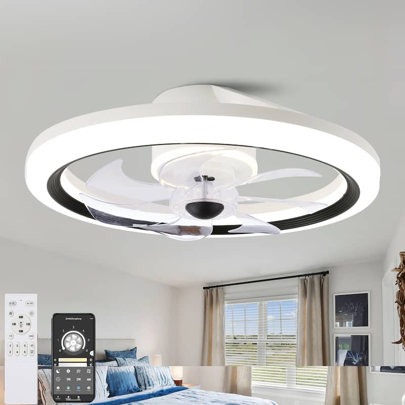 20" White Flush Mount Ceiling Fan with Dimmable Light, 6-Speed Low Profile Reversible Ceiling Fan with APP Control and Remote - 1PCS
