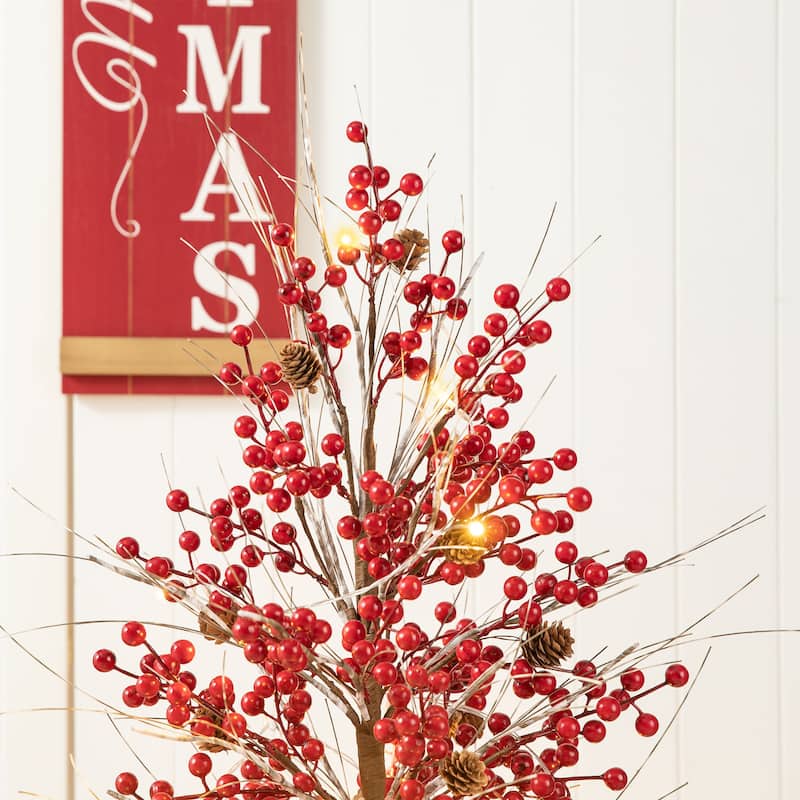 Glitzhome 3ft Christmas Lighted Berry Pine Cone Urn Porch Tree With Timer