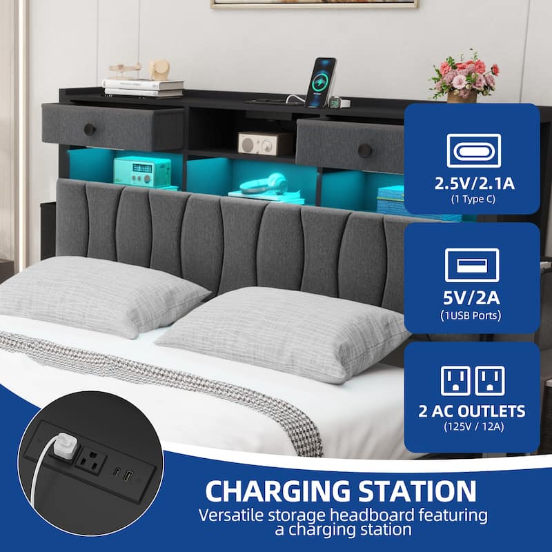 Moasis Linen Upholstered Platform Bed, Bed Frame with Hidden Storage Headboard and Charging Station