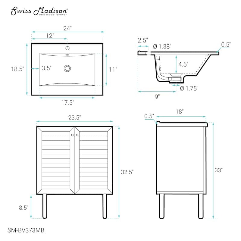 Bron 24 In. Brown Oak Bathroom Vanity With Black Ceramic Sink Top